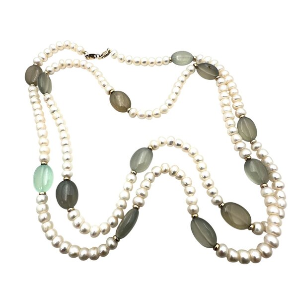 Zoe B 14k Yellow Gold Womens Necklace Aqua Quartz Pearl 36 Inch 49 Grams